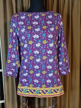 Kim Rogers Purple Floral Border-Trim Tunic